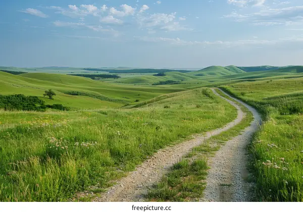 Picturesque Dirt Road Winding Through Lush Green Hills