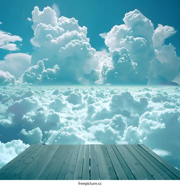 Wooden Deck Above Clouds with Blue Sky