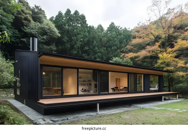 Modern Minimalist House with Black Facade and Wooden Deck Surrounded by Trees