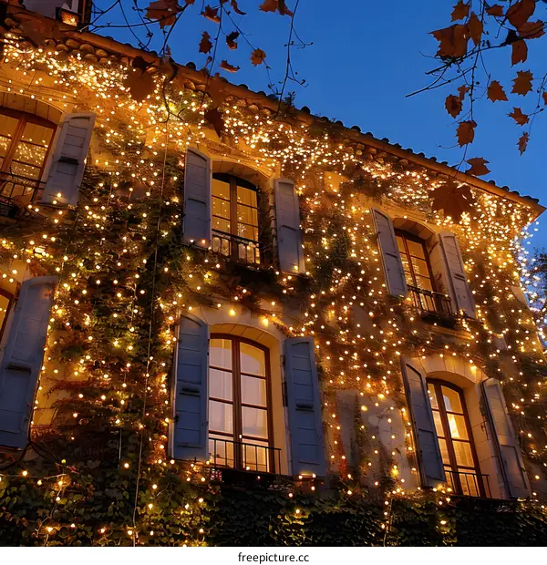 Facade of a House Decorated with Christmas Lights
