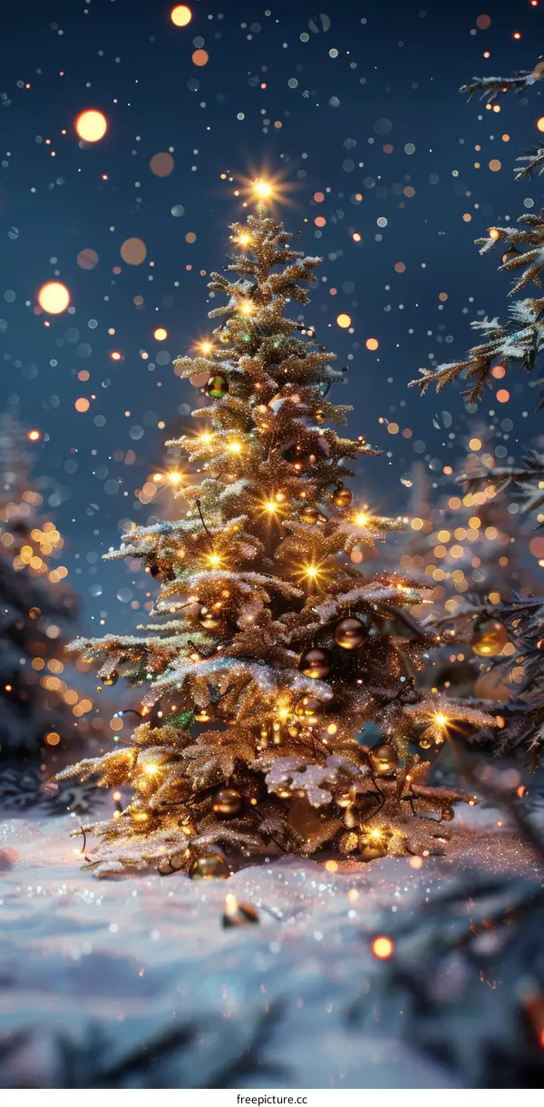 Golden Snow-Covered Christmas Tree with Twinkling Lights at Night