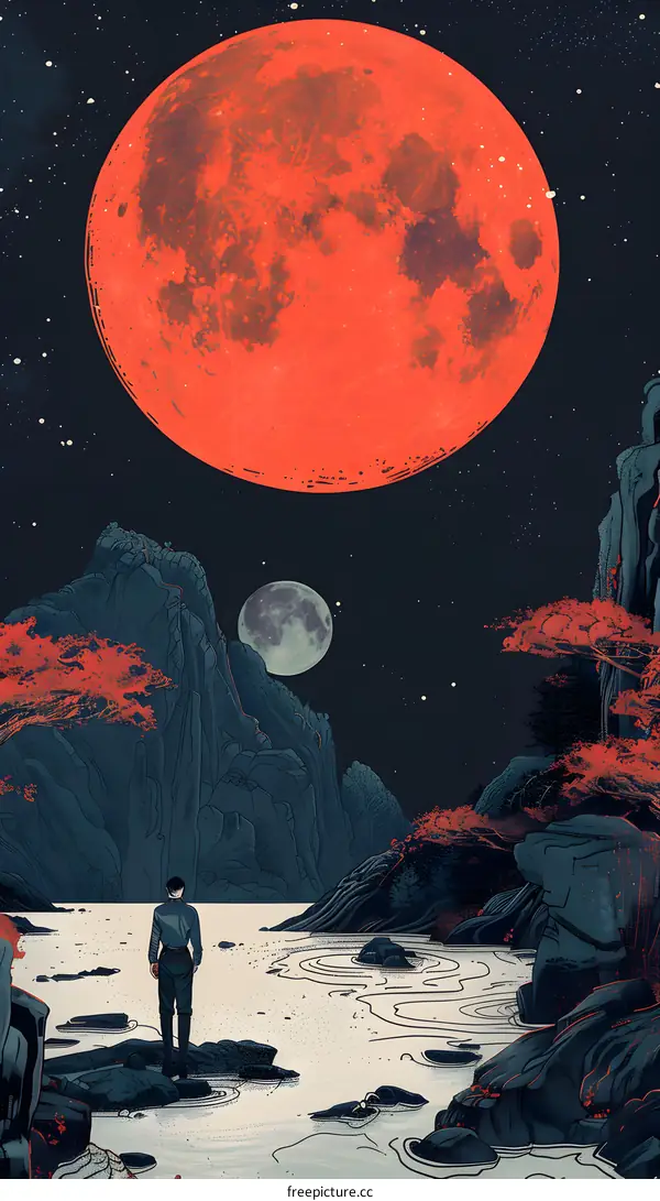 man looking at a large red moon with mountains in the background