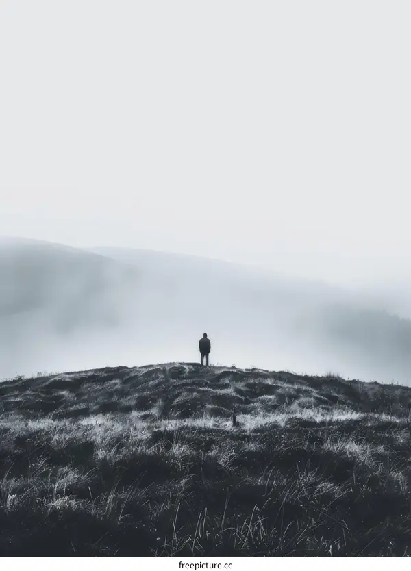 Man standing alone on a hilltop overlooking a foggy landscape