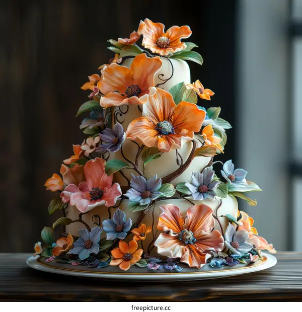 Cake Decorated with Orange, Blue, and Purple Flowers