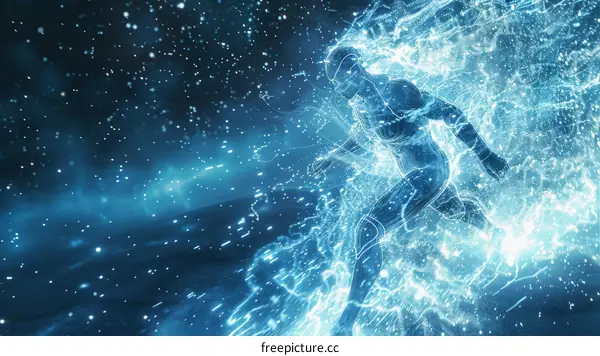 Digital Abstract Illustration of a Person Running with Blue and White Light
