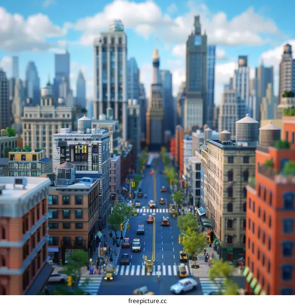 A bustling city street with people crossing the road and cars driving by