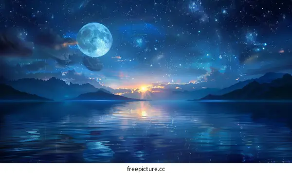 Night Sky and Moonbeams Dancing on Tranquil Lake