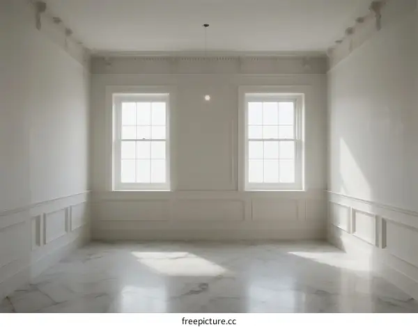 An empty room with white walls and two large windows