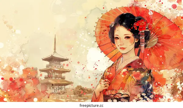 A beautiful Japanese woman in a kimono holding a red umbrella.