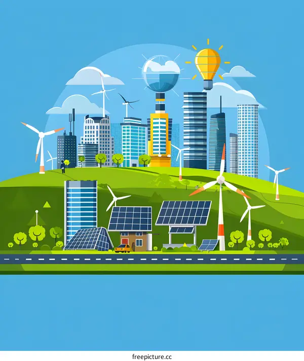 Green City with Wind Turbine and Solar Panels