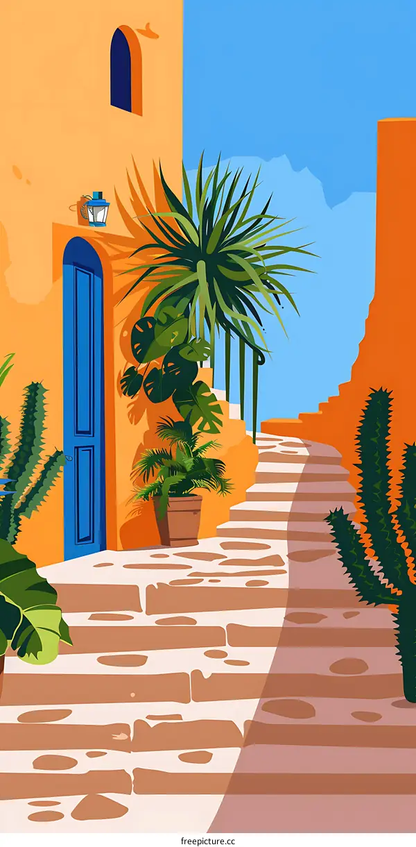 Stone Steps Leading Up to a Blue Door in a Yellow Building