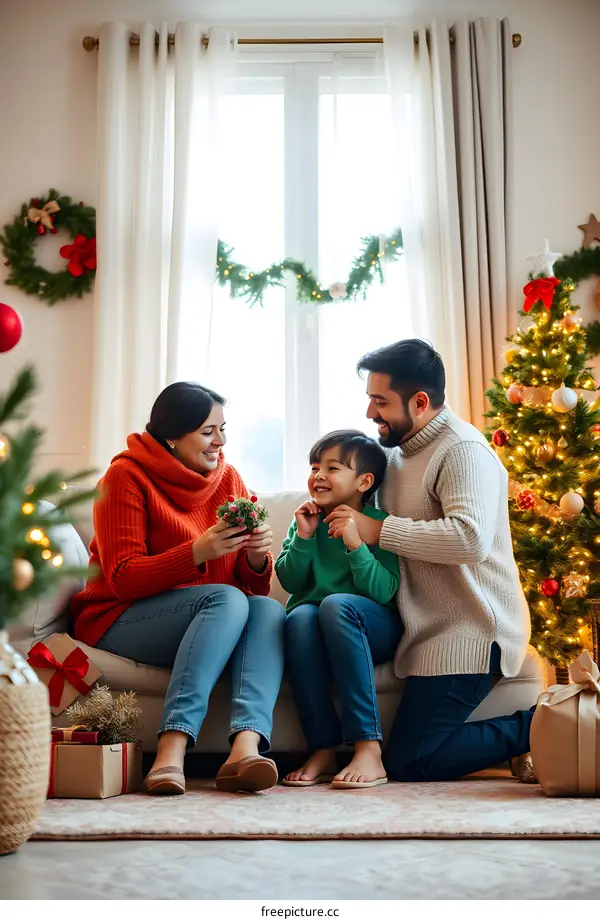 Happy Family Celebrating Christmas Together At Home