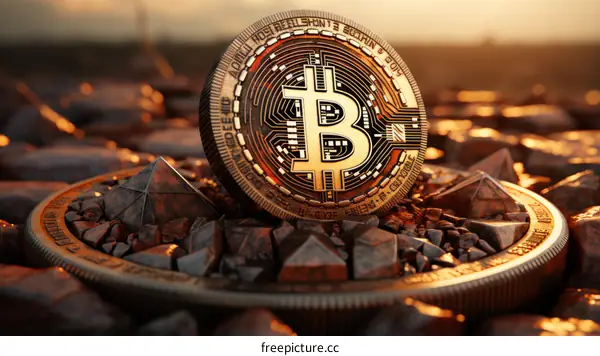 A golden Bitcoin sits atop a pile of copper ore.