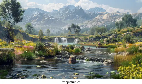 Mesmerizing Landscape: Majestic Mountains and Tranquil River Dance in a Symphony of Nature