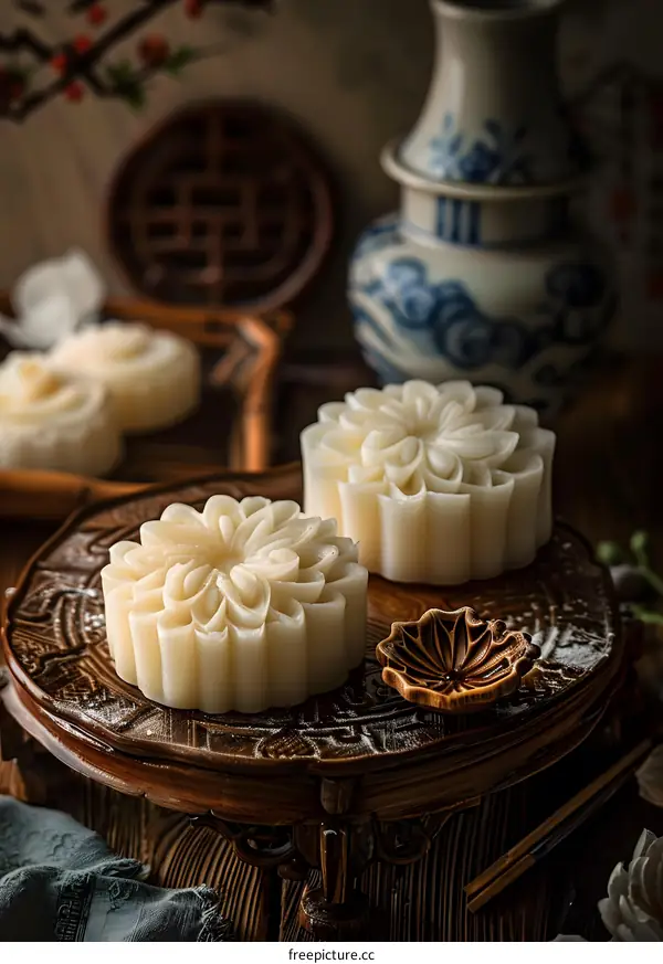 Traditional Chinese Flower Shaped Cakes on Wooden Stand