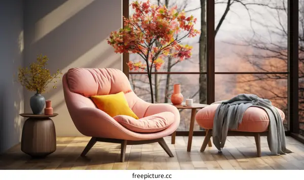 Pink Armchair in a Sunny Living Room with Yellow Flowers