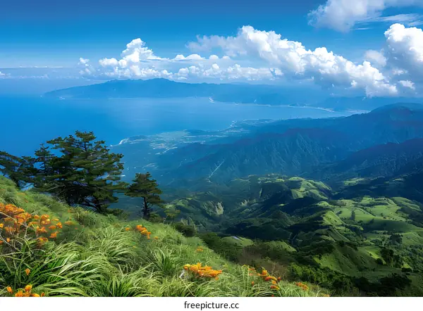 A verdant mountain range and a blue sea under a blue sky with white clouds