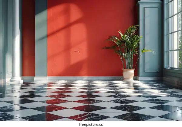 Red Wall and Green Columns Interior Hall