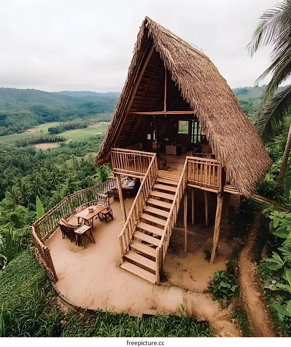 Elevated Bamboo Hut with View of Green Landscape