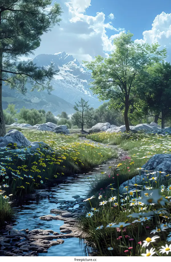 Mountain Stream Valley Snowcapped Mountains