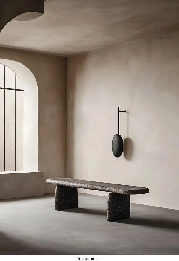 Modern Minimalist Interior Design with Stone Bench and Wall Mounted Sculpture