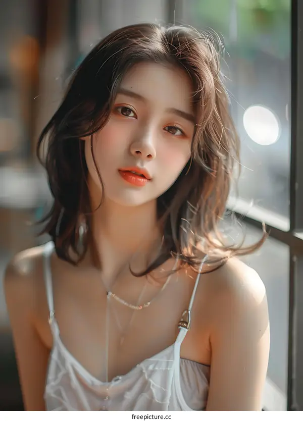 Portrait of a Young Asian Woman with Brown Hair Looking at the Camera