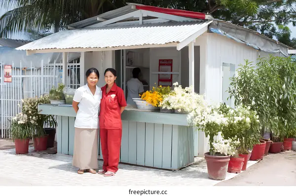 Two Asian women standing in a small outdoor shop