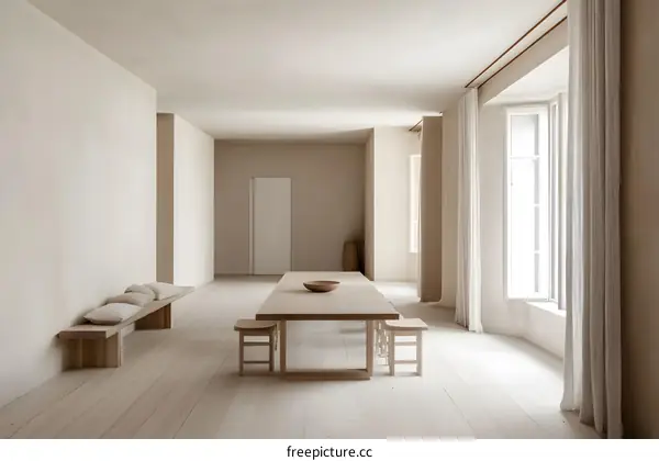 Minimalist Interior Design with Wooden Table and Bench