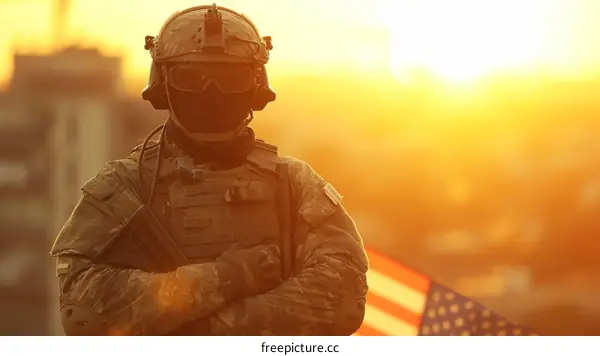 Soldier in the US Army with crossed arms in front of American flag at sunset