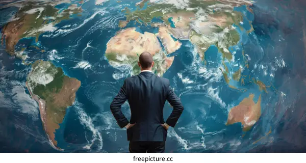 Businessman looking at the world map planning global business strategy