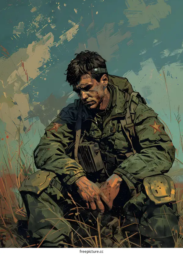 A soldier sits on the grass with his head in his hands