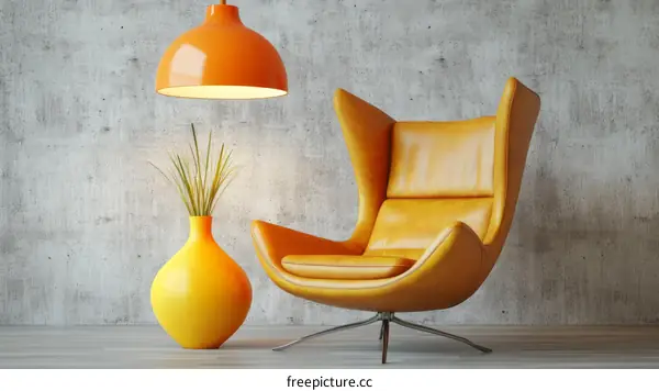Modern Interior Design with Orange Pendant Light and Yellow Vase