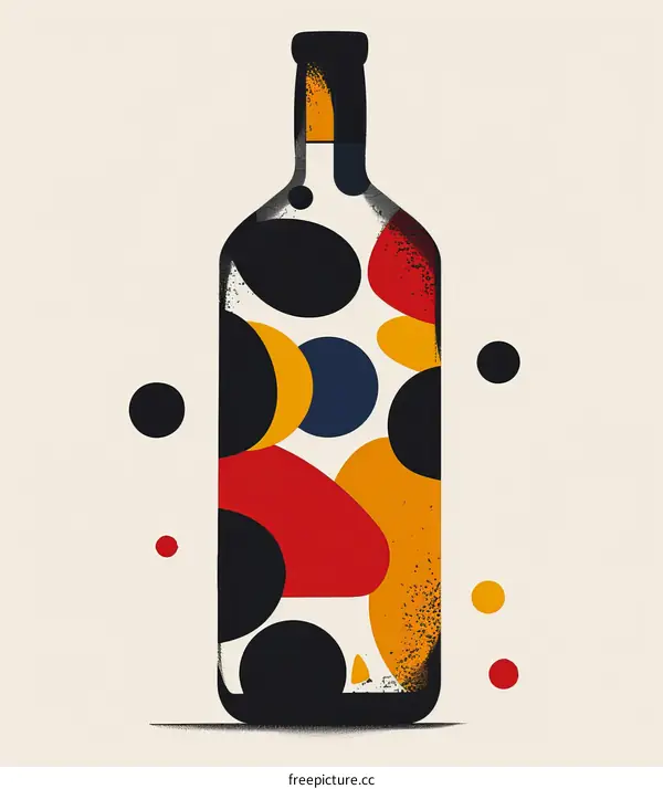 A bottle of wine with a colorful abstract pattern