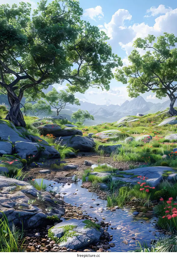 Mountain Stream with Trees and Rocks