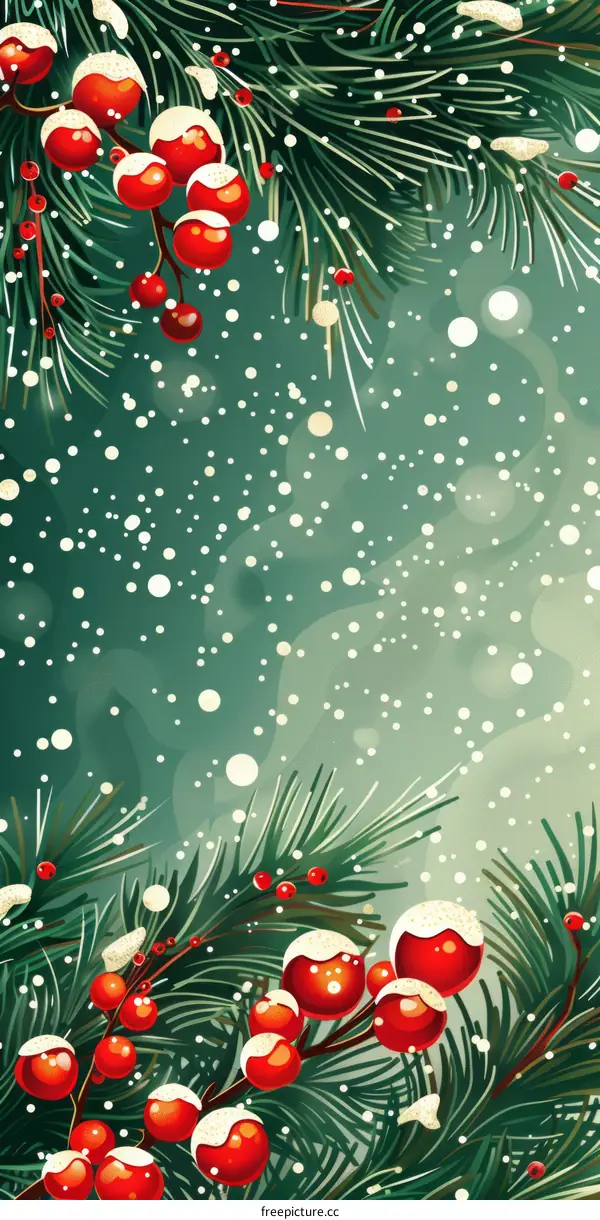Christmas background with fir branches and red berries covered with snow