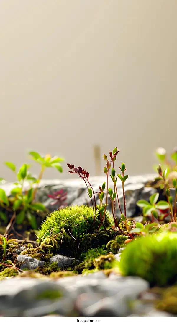 Closeup Of Green Moss And Tiny Plants Growing On Stones