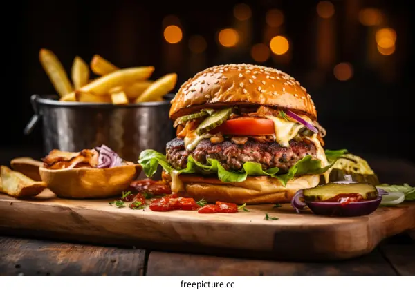 Savory Cheeseburger with Fries - Restaurant Meal
