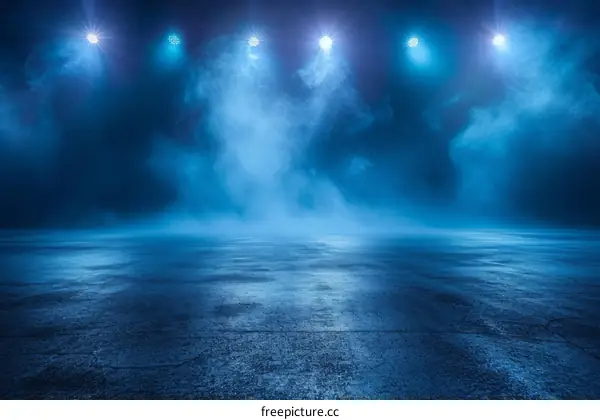 Blue spotlights shining on empty stage with concrete floor