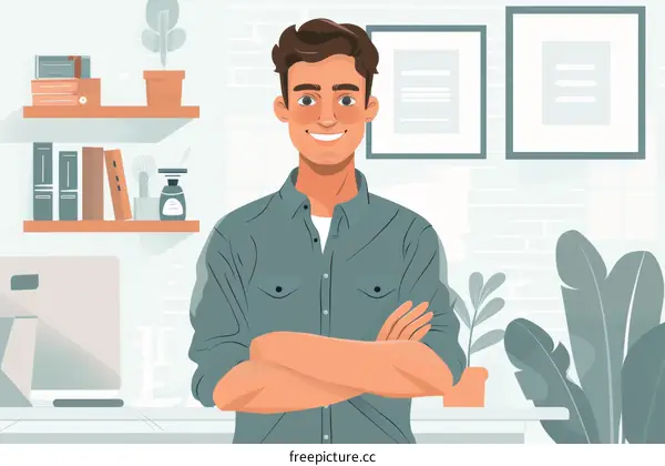 A young man standing in an office with a computer and plants