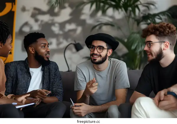 Group of Diverse Friends Discussing Ideas In A Modern Living Room