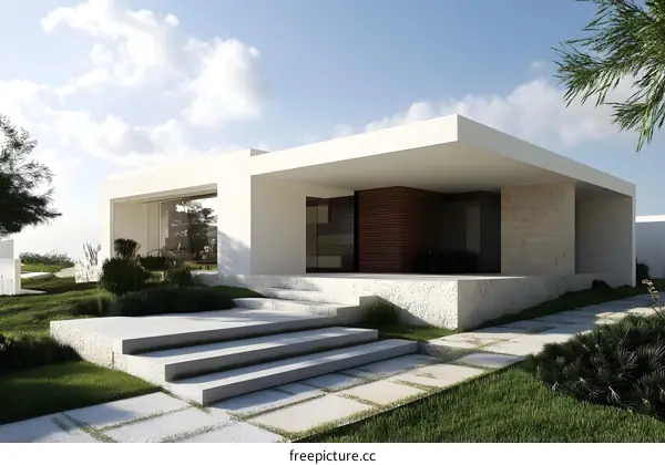 Modern Minimalist House Design with Concrete Stairs and Lush Greenery