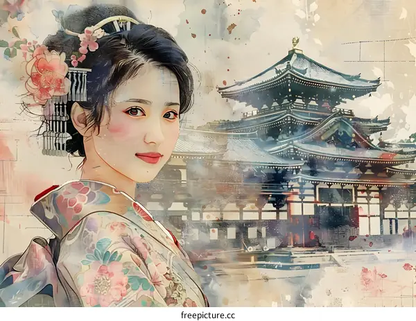 An illustration of a Japanese woman in traditional clothing standing in front of a temple.