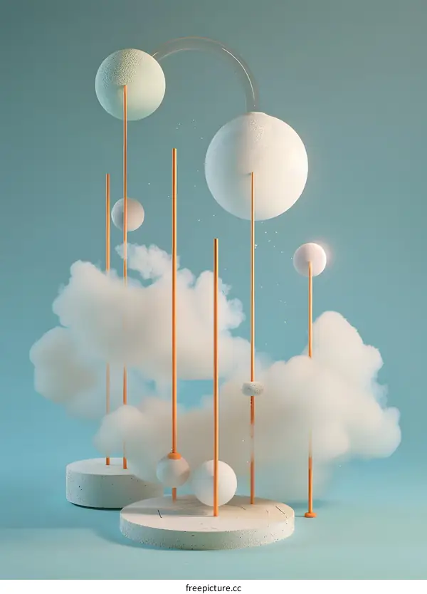 Abstract 3D Illustration of White Clouds and Orange Sticks with Blue Background