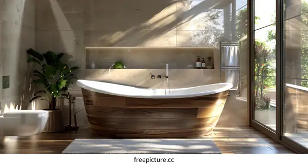 Wooden Bathtub with Indulgent Amenities