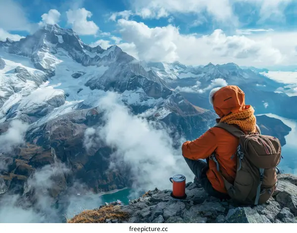 A person sitting on a rock admiring the view of snow-capped mountains