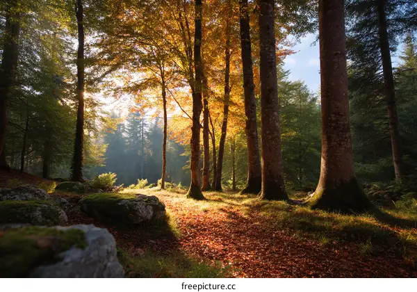 Autumn Sunlight in a Peaceful Forest