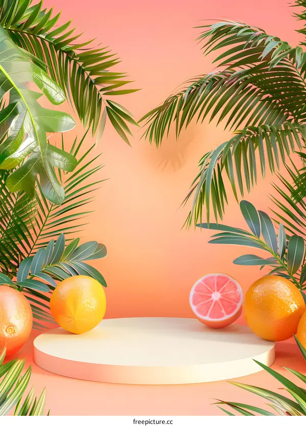 Tropical Summer Product Display with Palm Leaves and Citrus Fruit