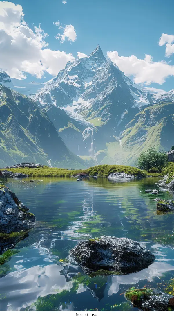 Stunning Mountain Lake View with Lush Green Grass and Rocky Shoreline