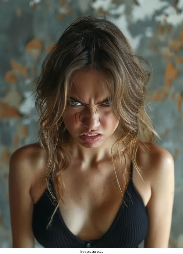 Close-up Portrait of a Caucasian Woman with an Intense Expression