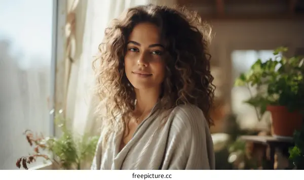 Portrait of a young middle eastern woman with curly hair smiling in front of a window
